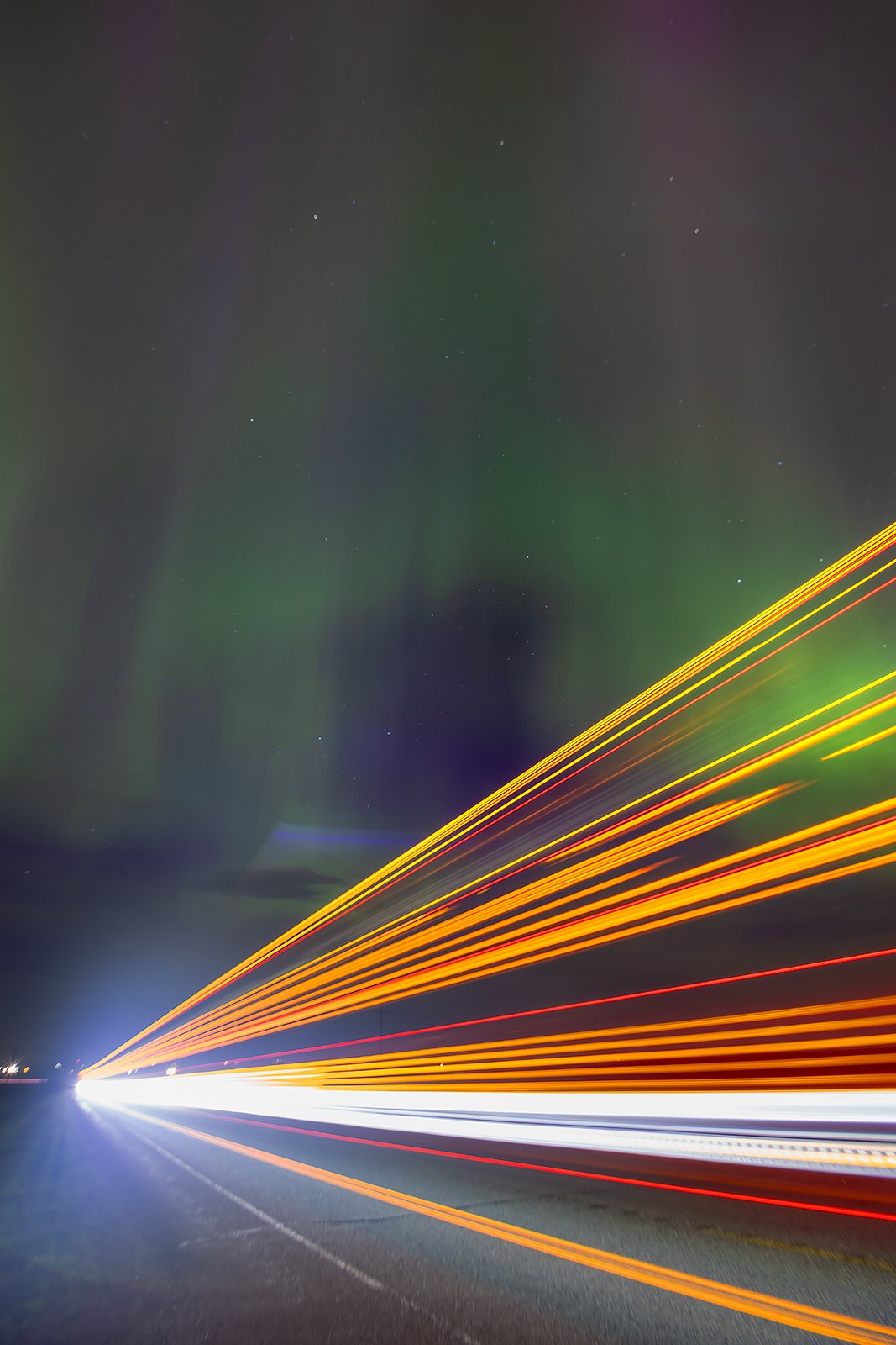 Aurora and semi light trails, Hwy 817, North of Strathmore, AB, 2024-04-11